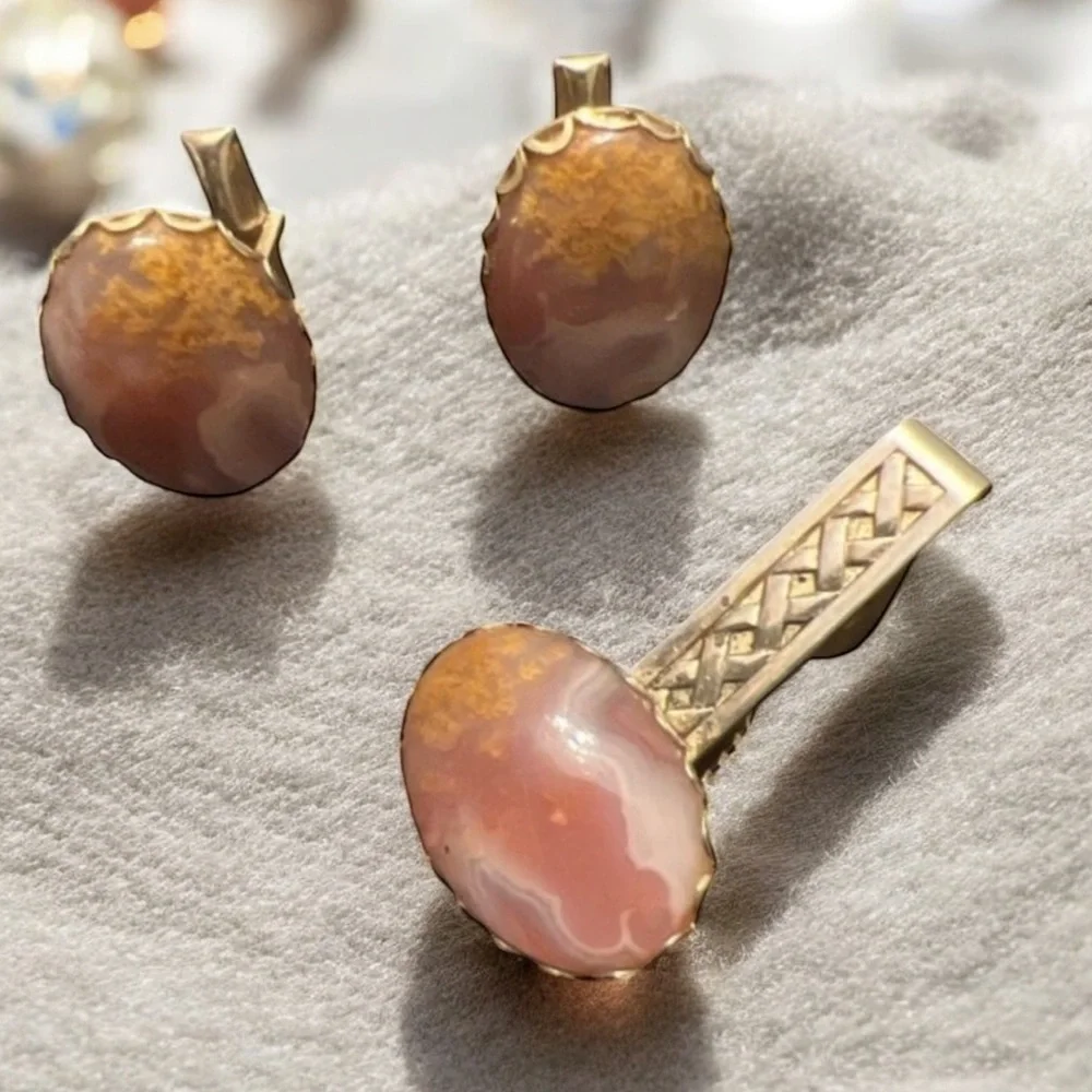 Vintage Men’s Pat Pend‎ Gold Agate Cufflinks & Tie Clip Set Mid-Century Oval